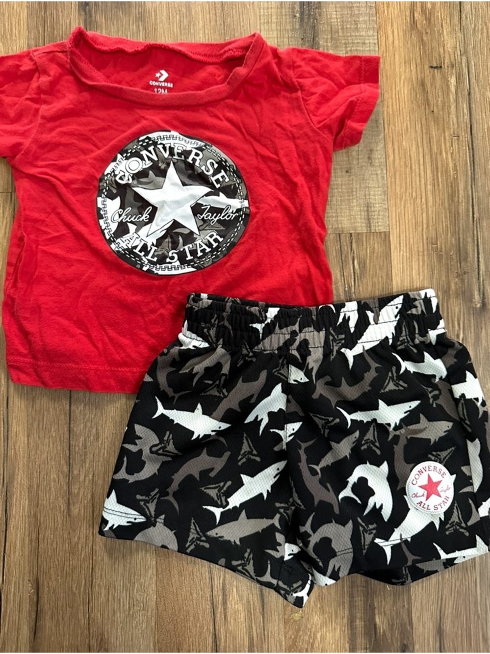 Converse Red Tee with Black & White Shark Print Shorts outfit set 12 months